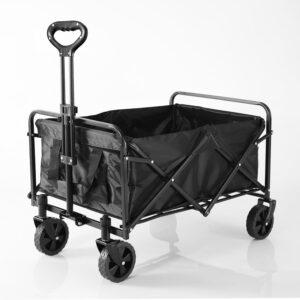 Collapsible Folding Wagon, Large Capacity, Heavy Duty, Portable, for Sports, Shopping, Camping (Black)